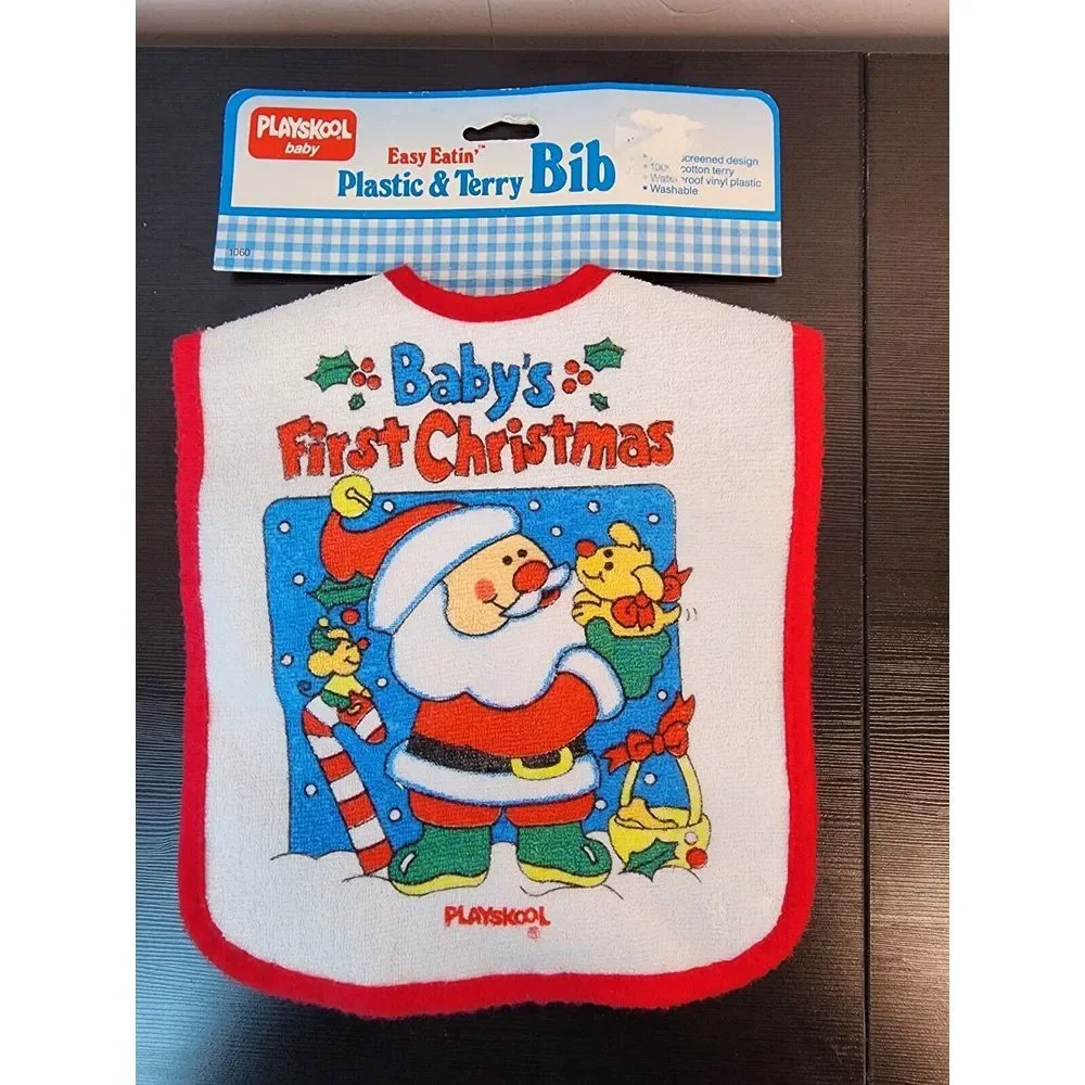 Vintage Playskool Baby's First Christmas Baby Bib Terry Cloth Baby's 1st New 86